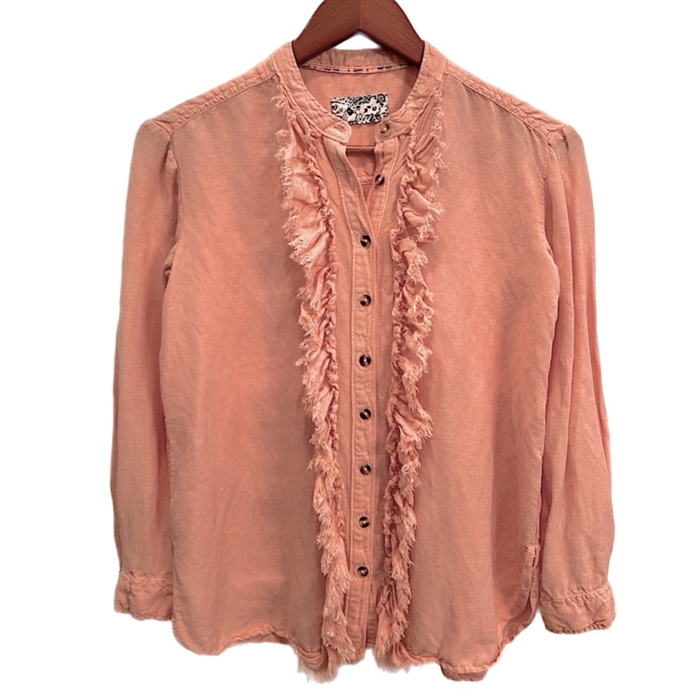 Anthropologie Pilcro linen blend Ruffled Placket Shirt peach - Picture 7 of 13